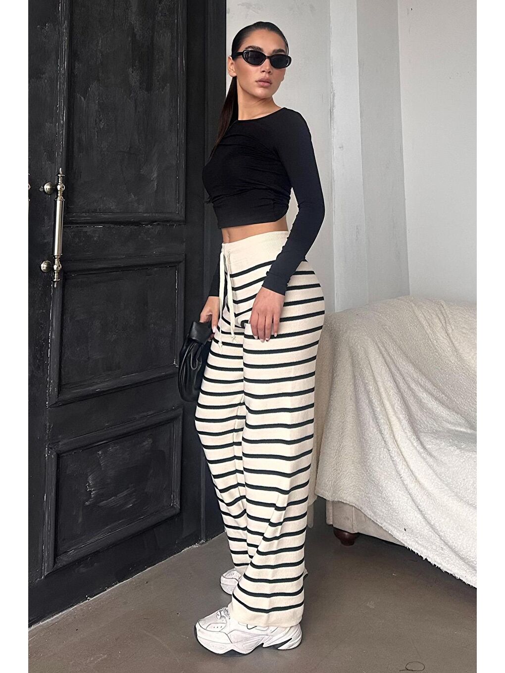 Ekru Çizgili Kadın Triko Pantolon Mg2342-6