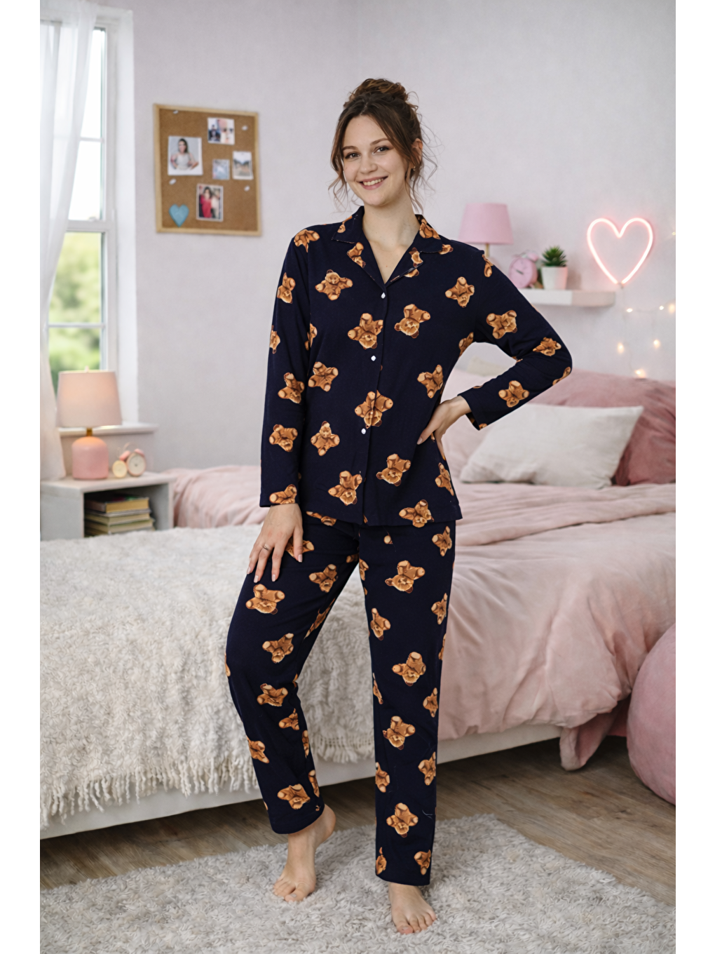 Siyah Kadın Ayıcık Desenli Kaliteli Milan Kumaş Gömlek Yaka Düğmeli Yumuşak Tuşe Pijama Takımı-3