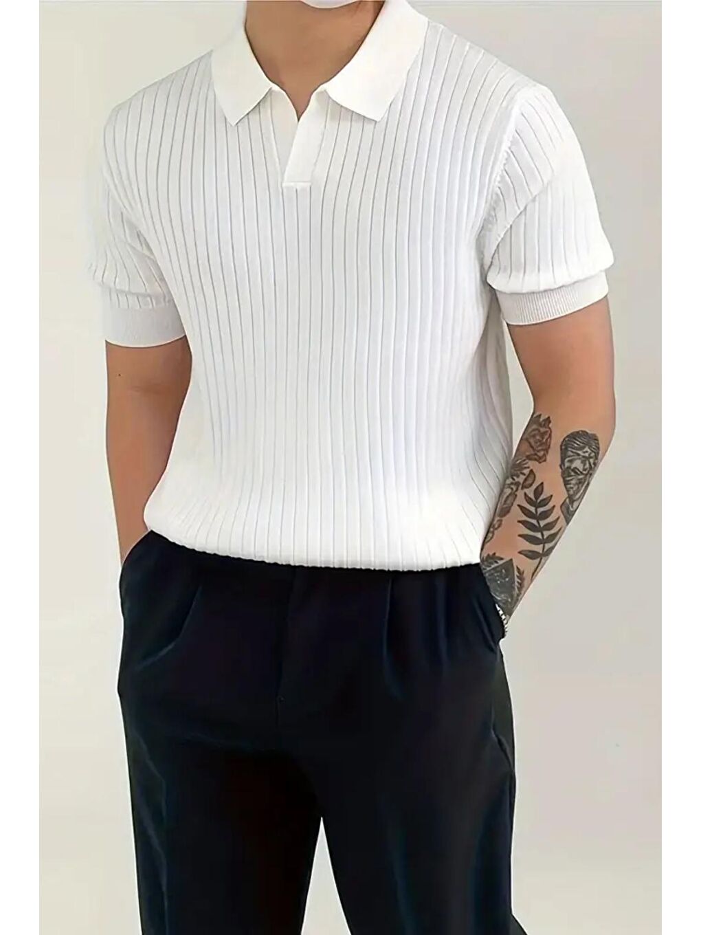 Oksit Beyaz Lorens Çizgili Elastanlı Slim Fit Polo Yaka Örme Erkek Triko Tshirt