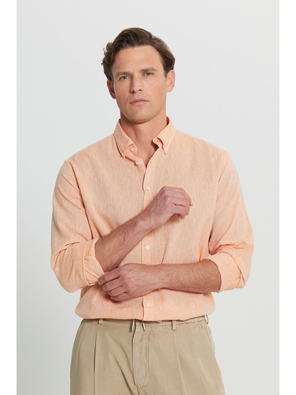 Erkek Turuncu %100 Keten Comfort Fit Rahat Kesim Düğmeli Yaka Gömlek-2