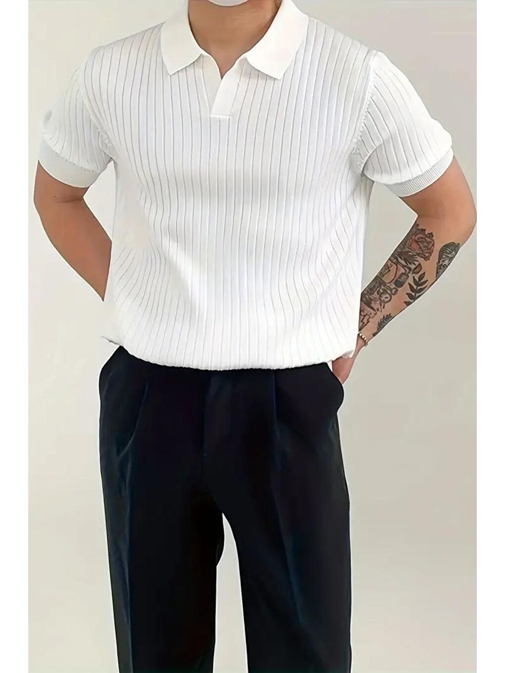Oksit Beyaz Lorens Çizgili Elastanlı Slim Fit Polo Yaka Örme Erkek Triko Tshirt - 1