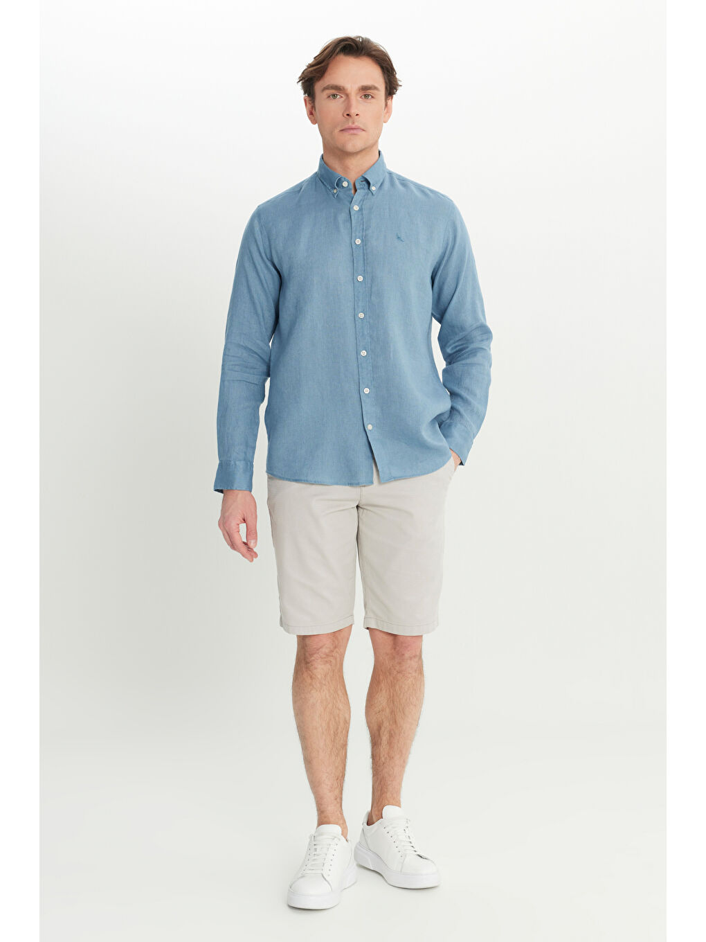 Erkek Petrol %100 Keten Comfort Fit Rahat Kesim Düğmeli Yaka Gömlek-1