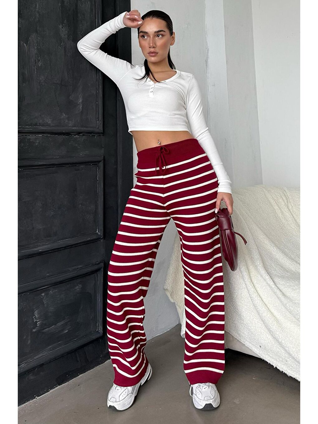 Bordo Çizgili Kadın Triko Pantolon Mg2342-3