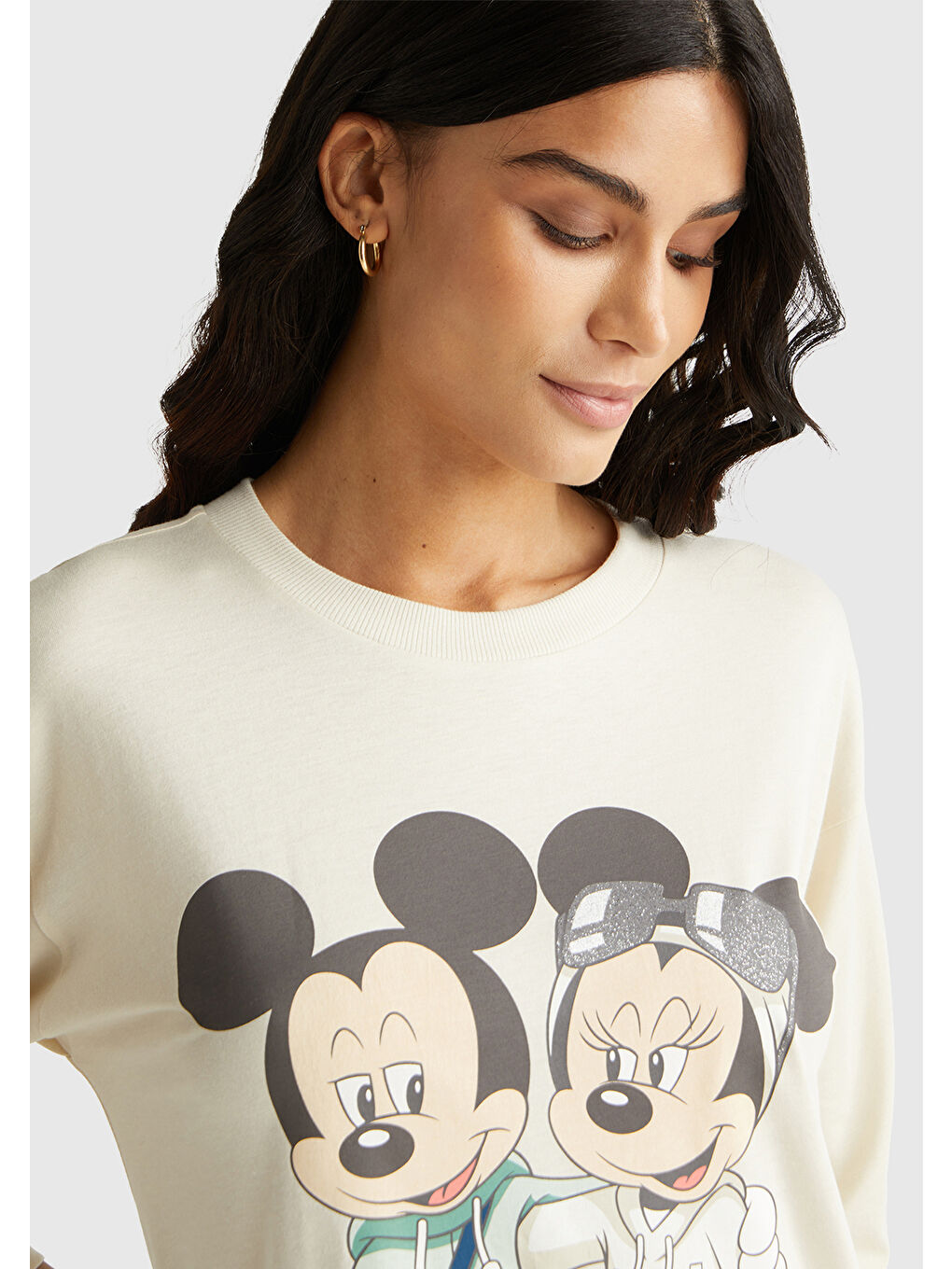 Ekru Kadın Krem %100 Pamuk Mickey Baskılı  Gecelik-4