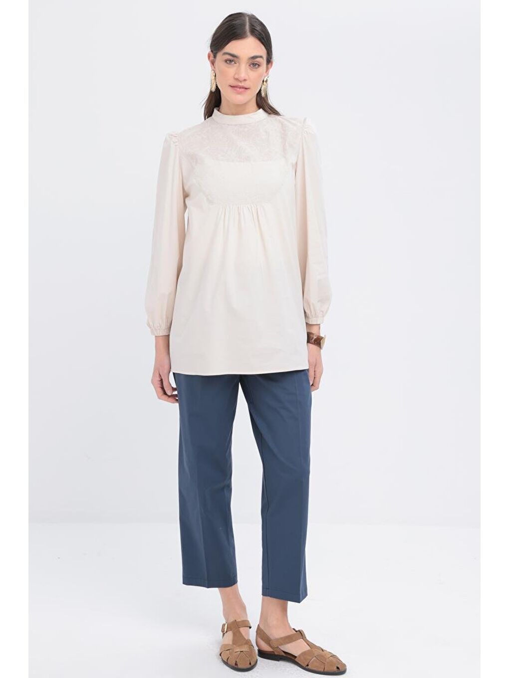 Bej Taş-Fisto Garnili Kolu Lastikli Poplin Tunik-1