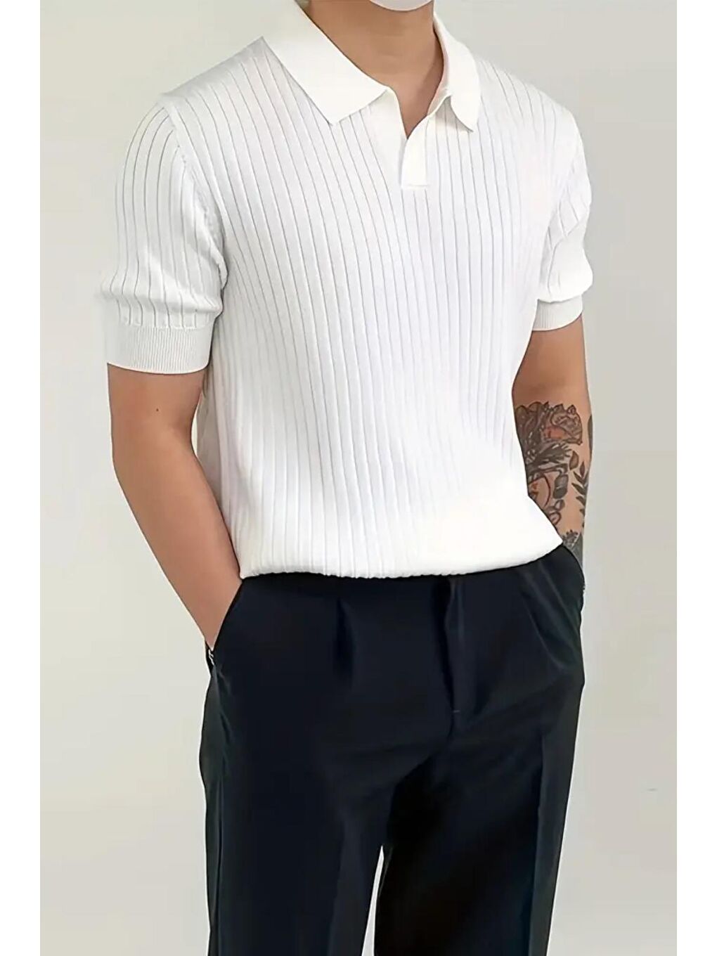 Oksit Beyaz Lorens Çizgili Elastanlı Slim Fit Polo Yaka Örme Erkek Triko Tshirt - 3