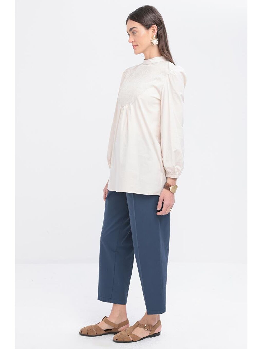 Bej Taş-Fisto Garnili Kolu Lastikli Poplin Tunik-2