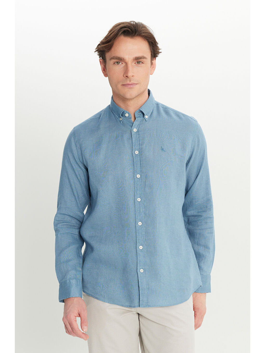 Erkek Petrol %100 Keten Comfort Fit Rahat Kesim Düğmeli Yaka Gömlek-2