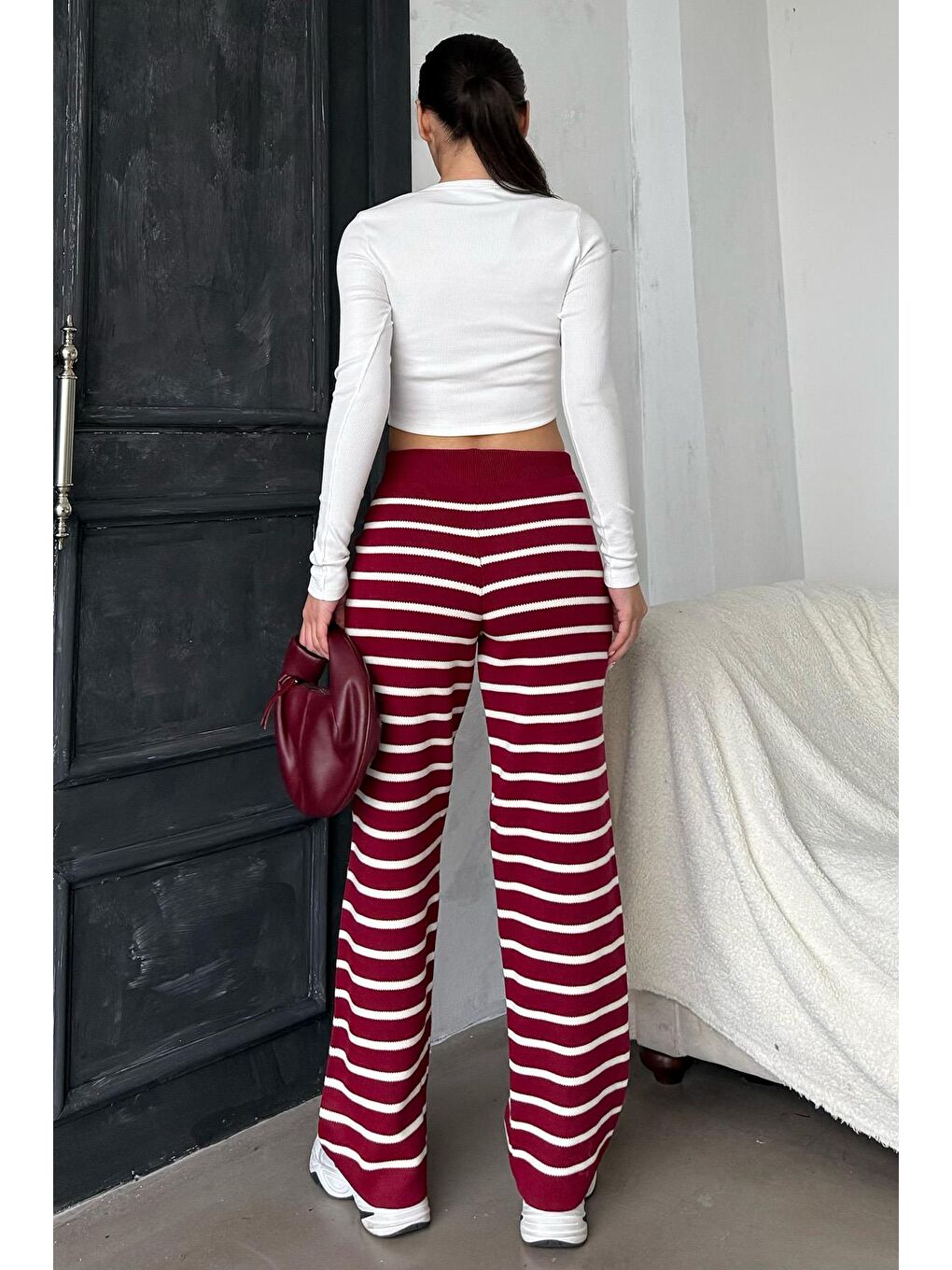 Bordo Çizgili Kadın Triko Pantolon Mg2342-4