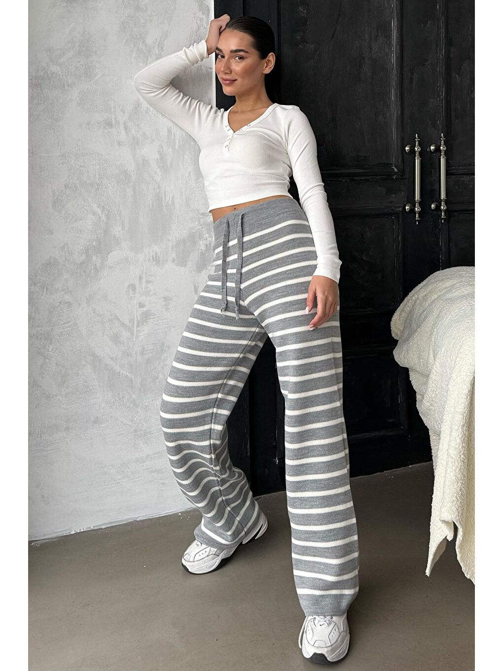 Gri Çizgili Kadın Triko Pantolon Mg2342