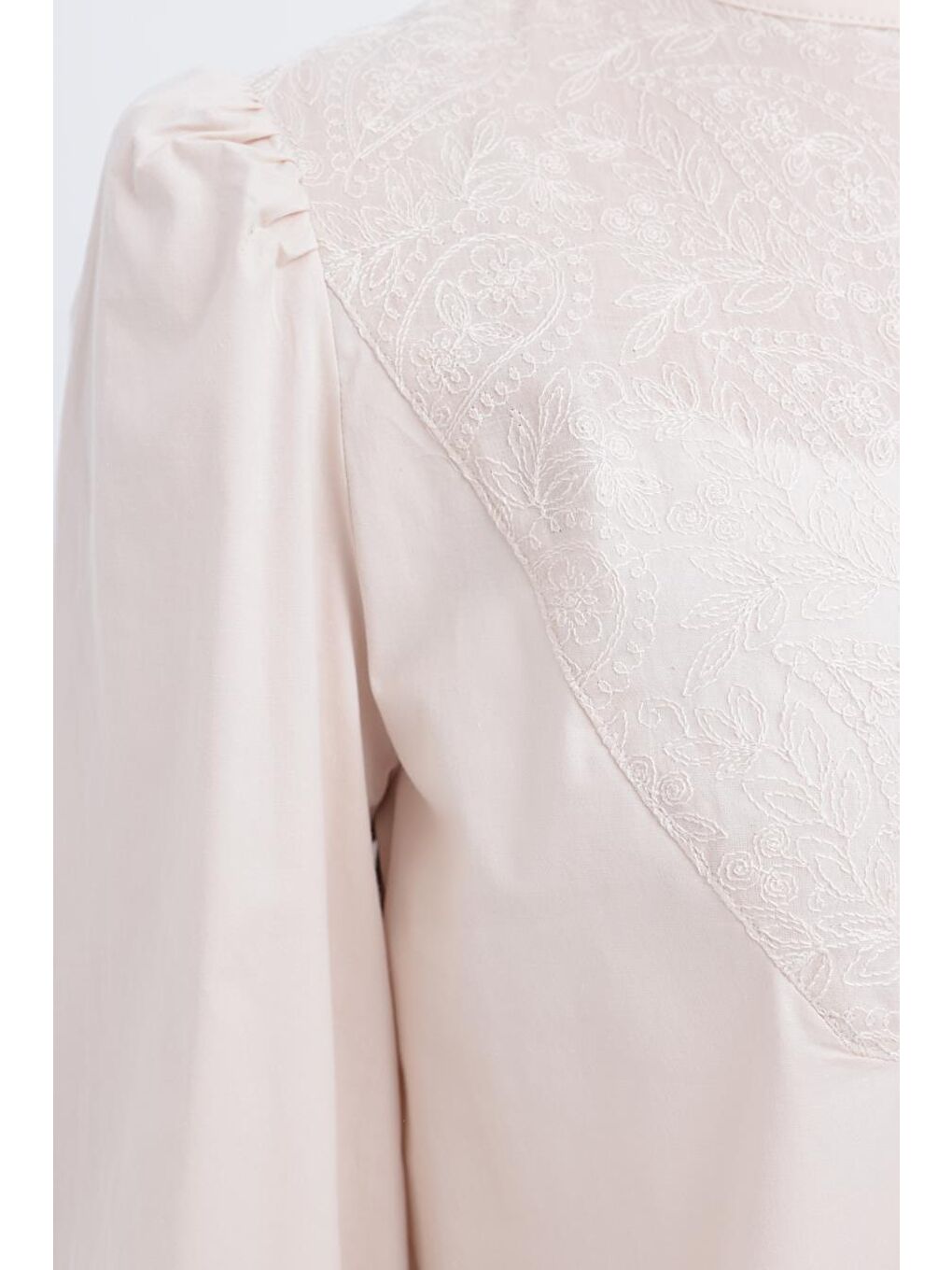 Bej Taş-Fisto Garnili Kolu Lastikli Poplin Tunik-4