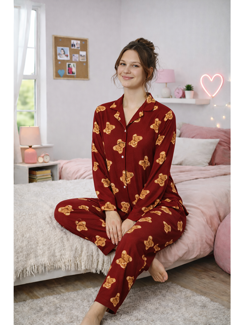 Bordo Kadın Ayıcık Desenli Kaliteli Milan Kumaş Gömlek Yaka Düğmeli Yumuşak Tuşe Pijama Takımı-2