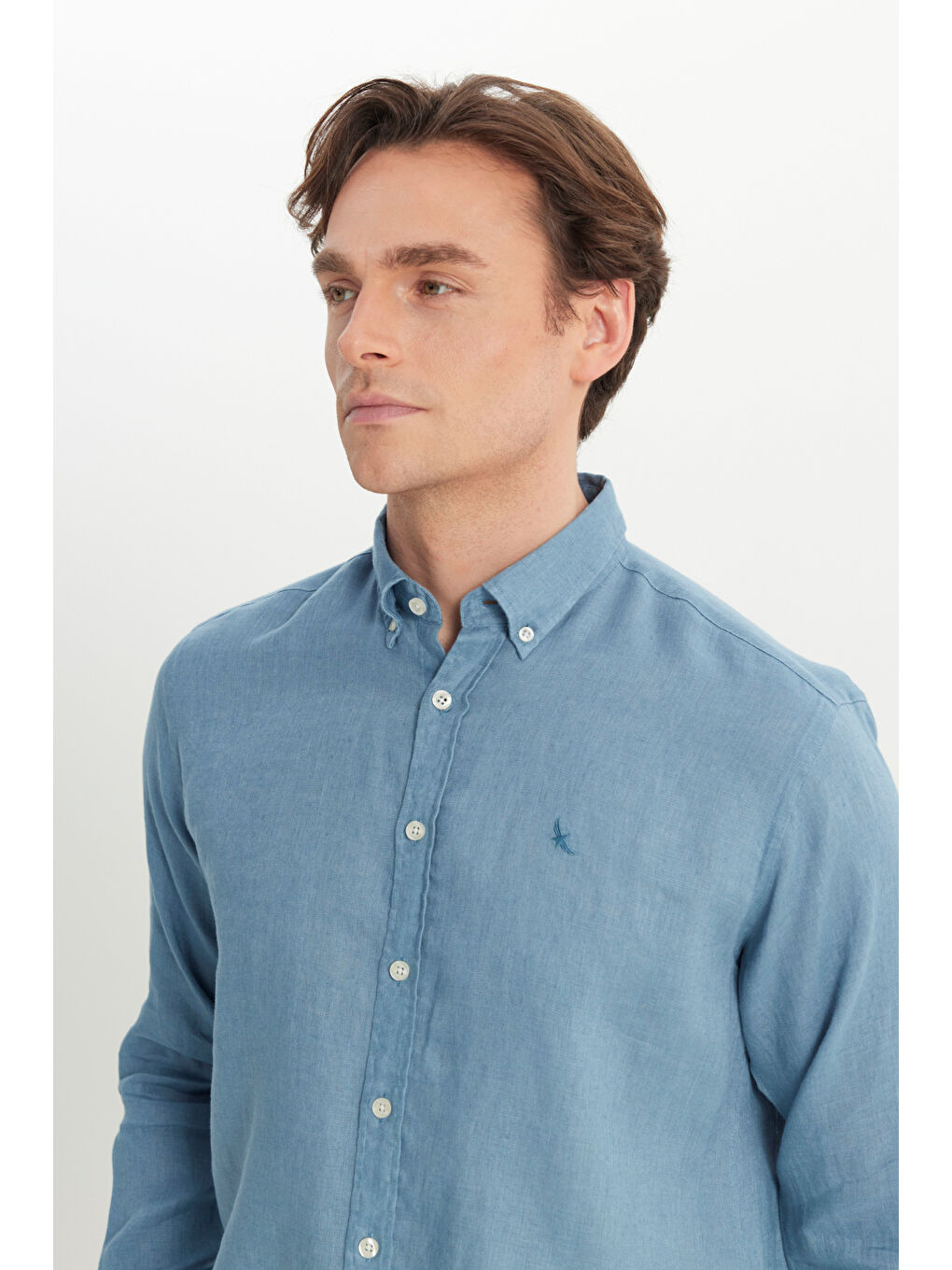 Erkek Petrol %100 Keten Comfort Fit Rahat Kesim Düğmeli Yaka Gömlek-3