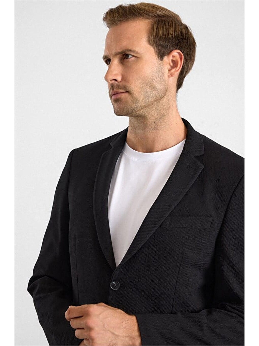 Siyah Slim Mono Yaka Düz Torba Cep 6 Drop Takım Elbise-1