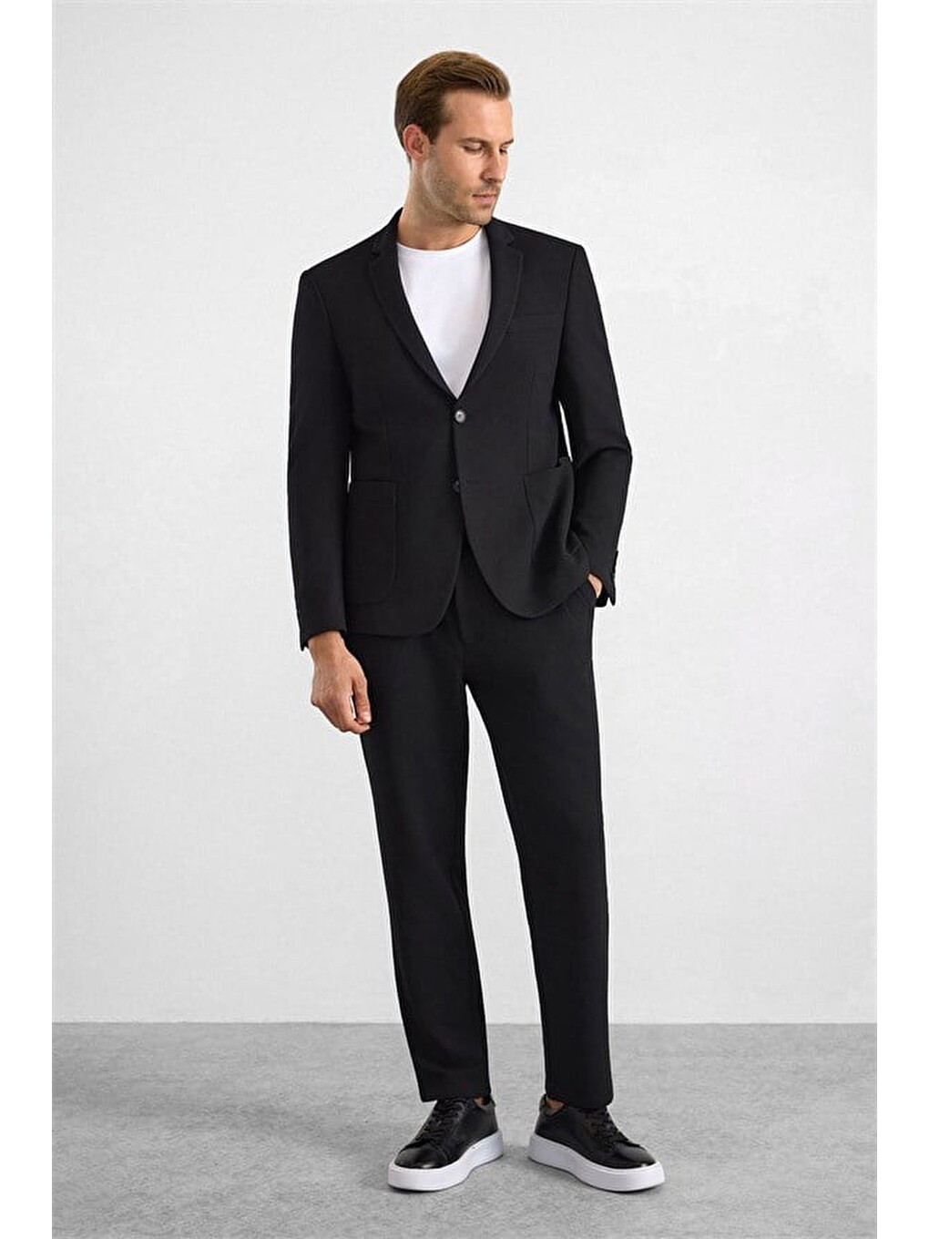 Siyah Slim Mono Yaka Düz Torba Cep 6 Drop Takım Elbise-2