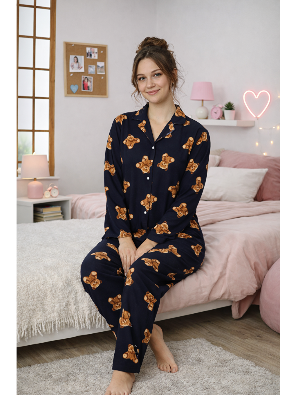 Siyah Kadın Ayıcık Desenli Kaliteli Milan Kumaş Gömlek Yaka Düğmeli Yumuşak Tuşe Pijama Takımı-4