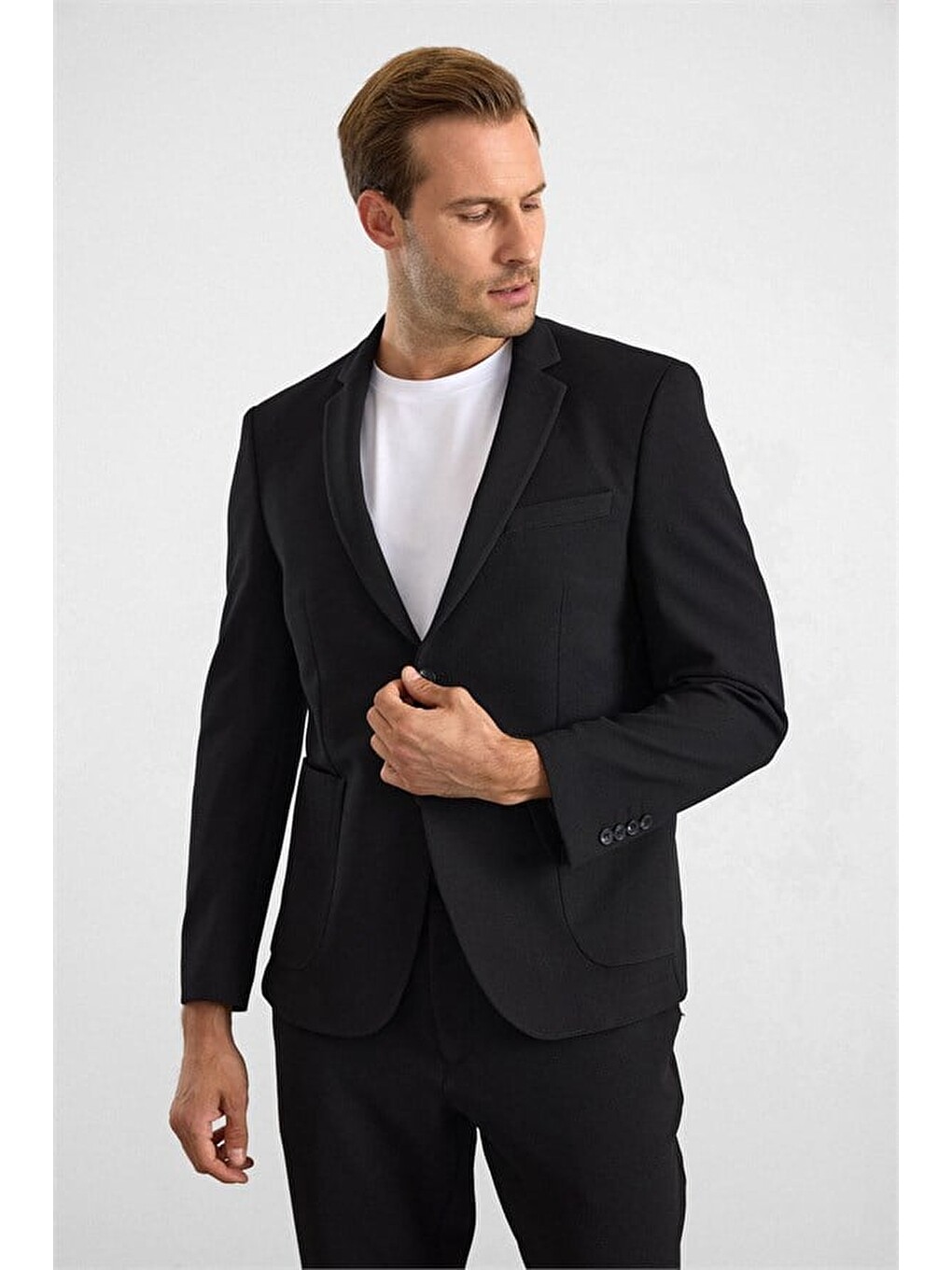 Siyah Slim Mono Yaka Düz Torba Cep 6 Drop Takım Elbise-3