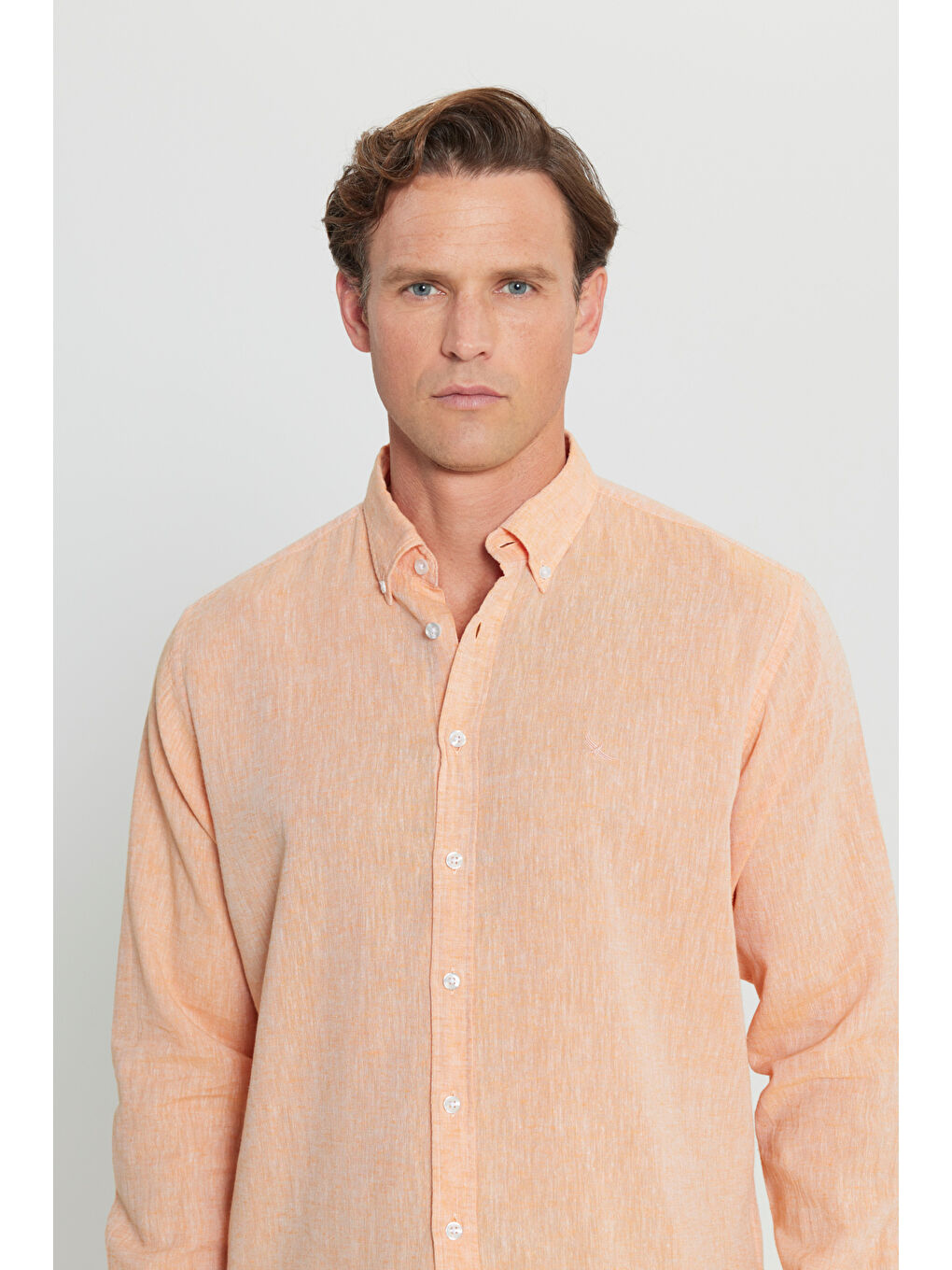 Erkek Turuncu %100 Keten Comfort Fit Rahat Kesim Düğmeli Yaka Gömlek-3