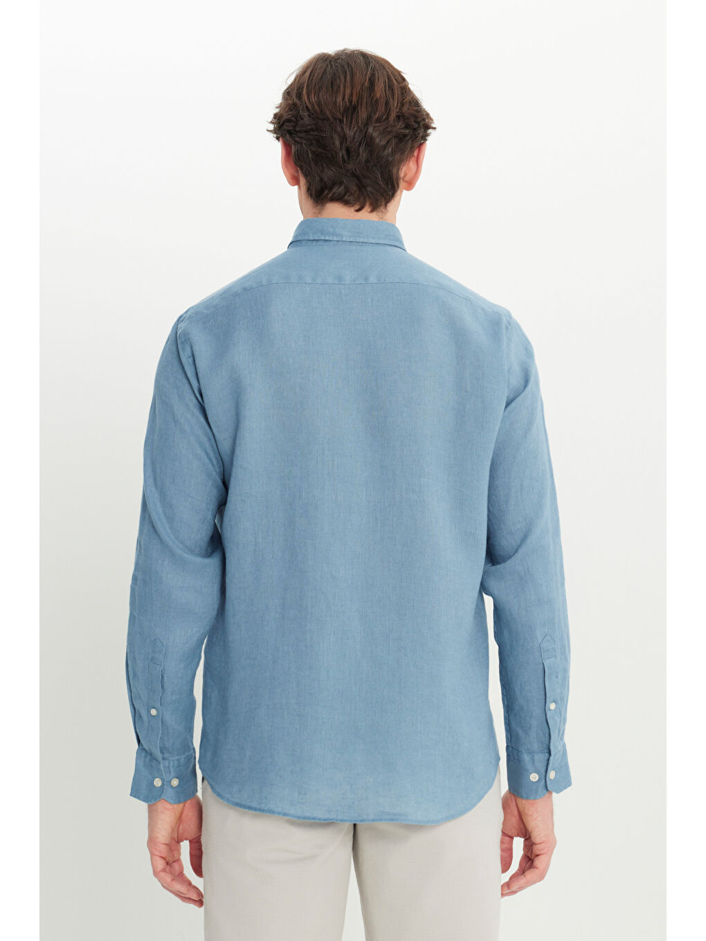 Erkek Petrol %100 Keten Comfort Fit Rahat Kesim Düğmeli Yaka Gömlek-4
