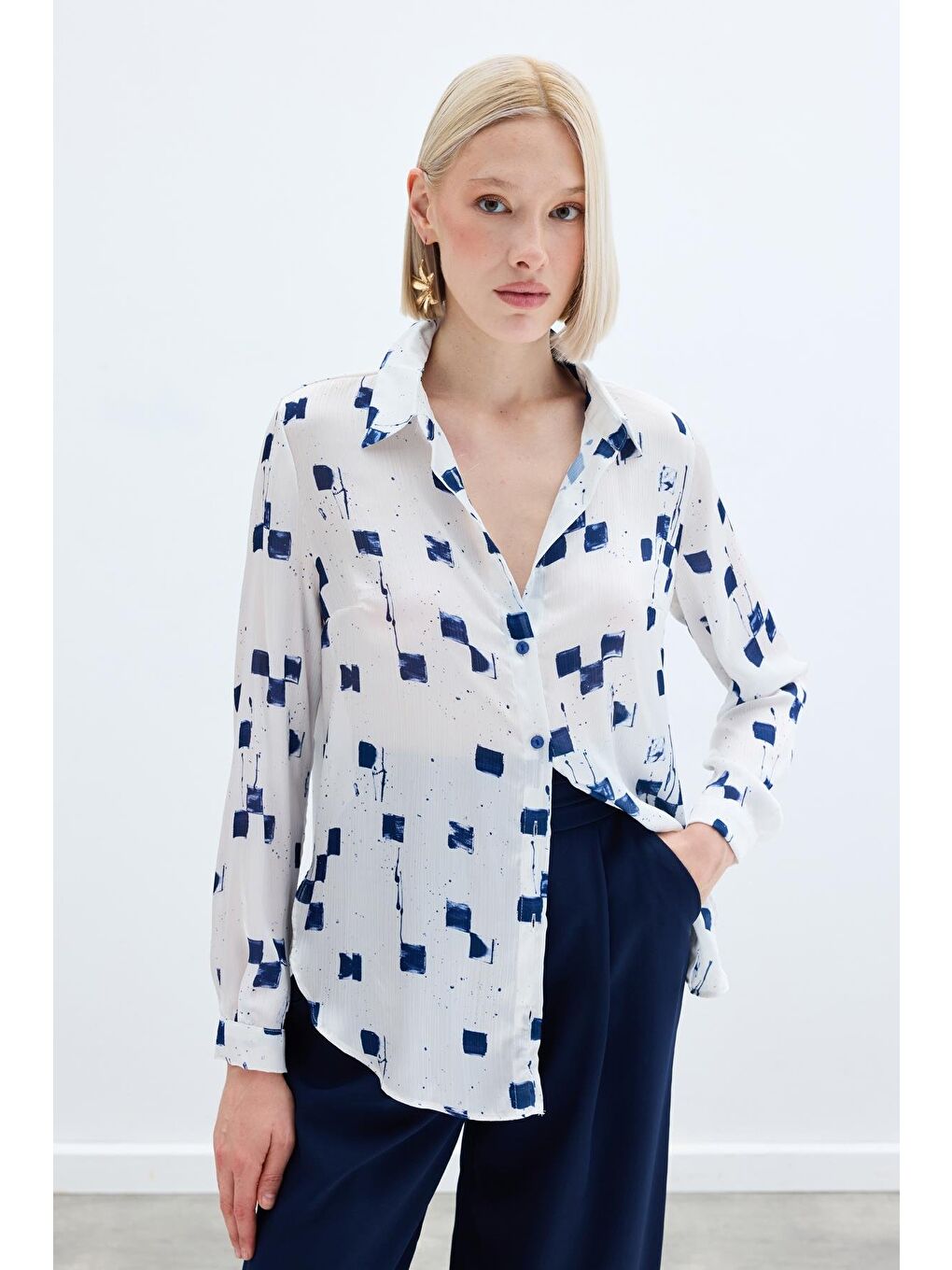 Desenli Klasik Gömlek - Lacivert-1