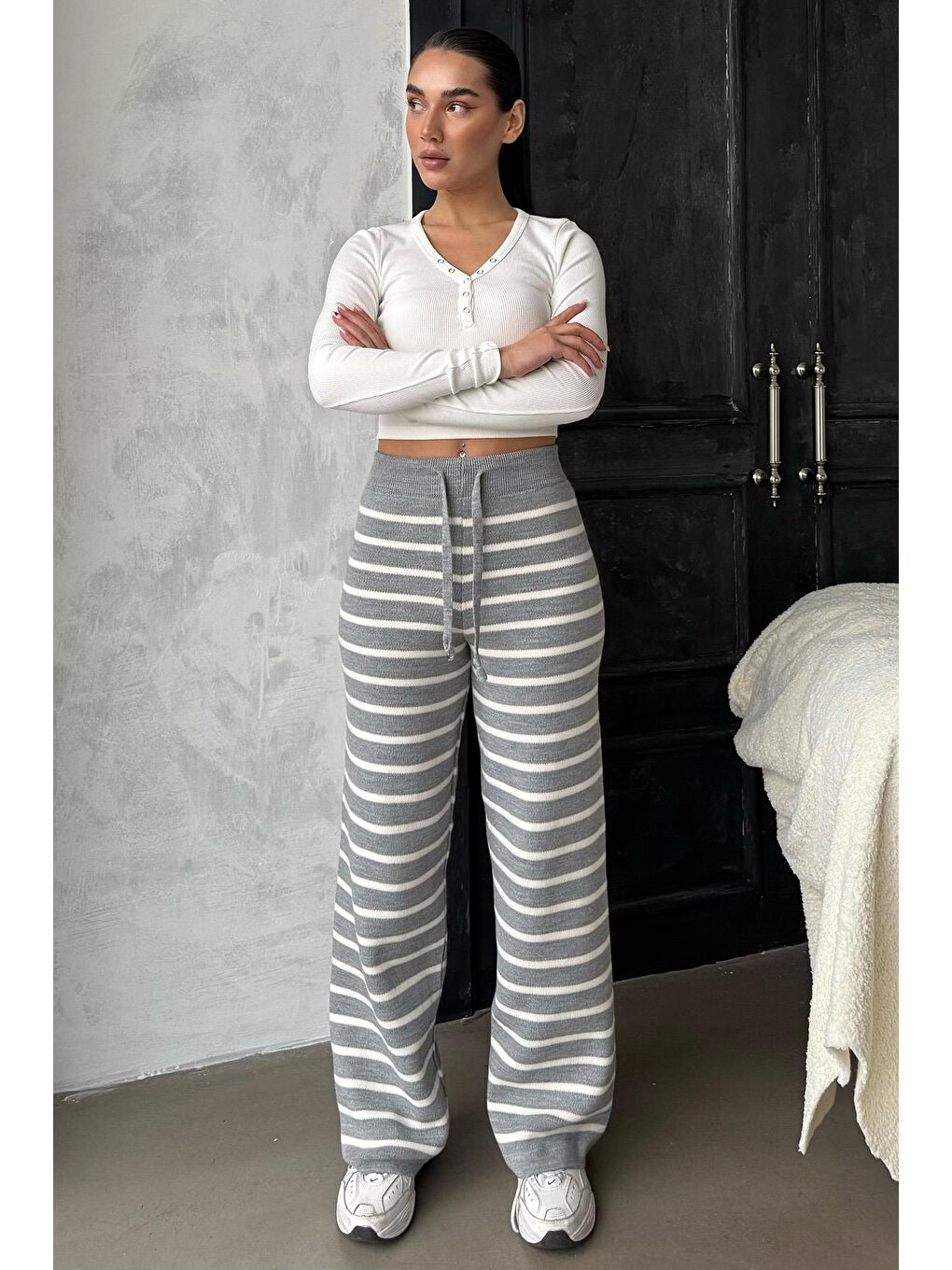 Gri Çizgili Kadın Triko Pantolon Mg2342-3