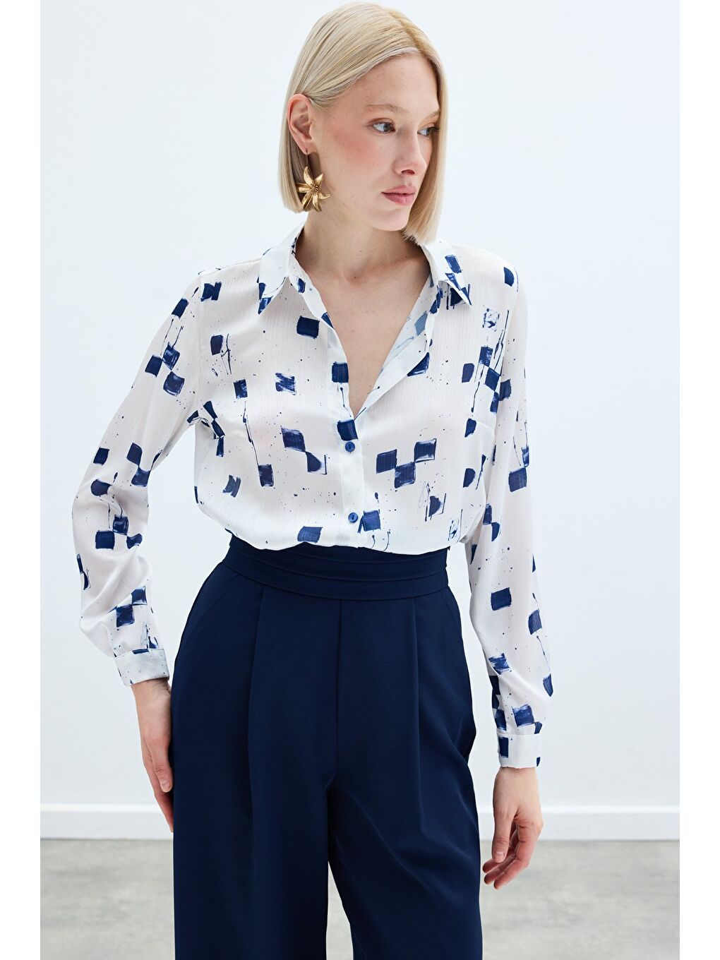 Desenli Klasik Gömlek - Lacivert-2