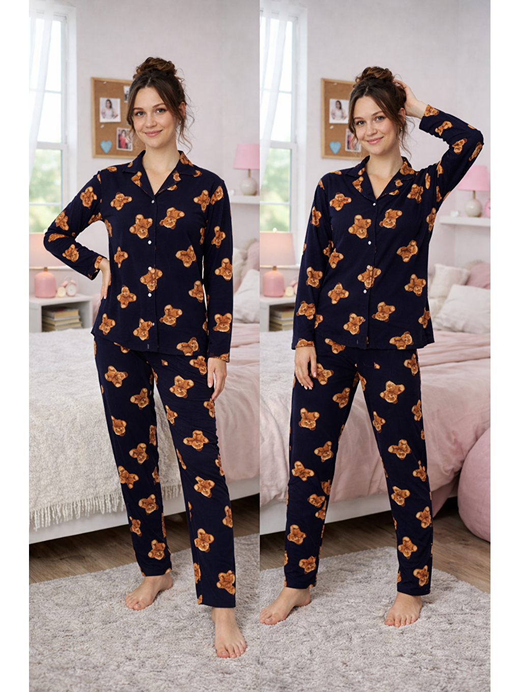 Siyah Kadın Ayıcık Desenli Kaliteli Milan Kumaş Gömlek Yaka Düğmeli Yumuşak Tuşe Pijama Takımı-5