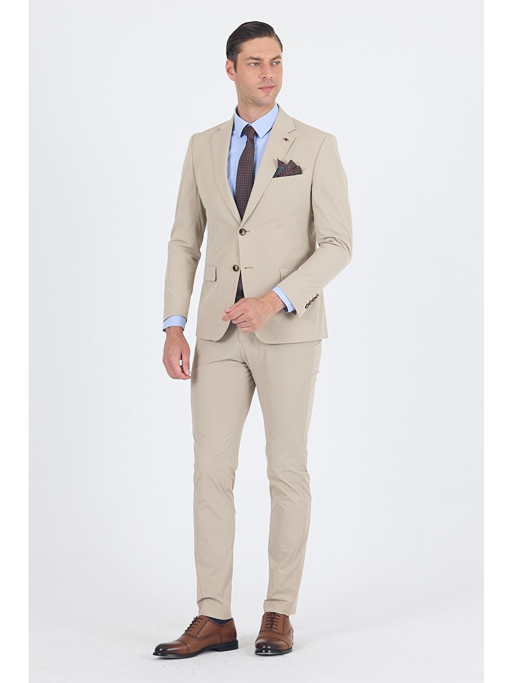 Bej Mono Yaka Yarım Astar 6 Drop Slim Fit Beli Lastikli Takım Elbise 1001250121