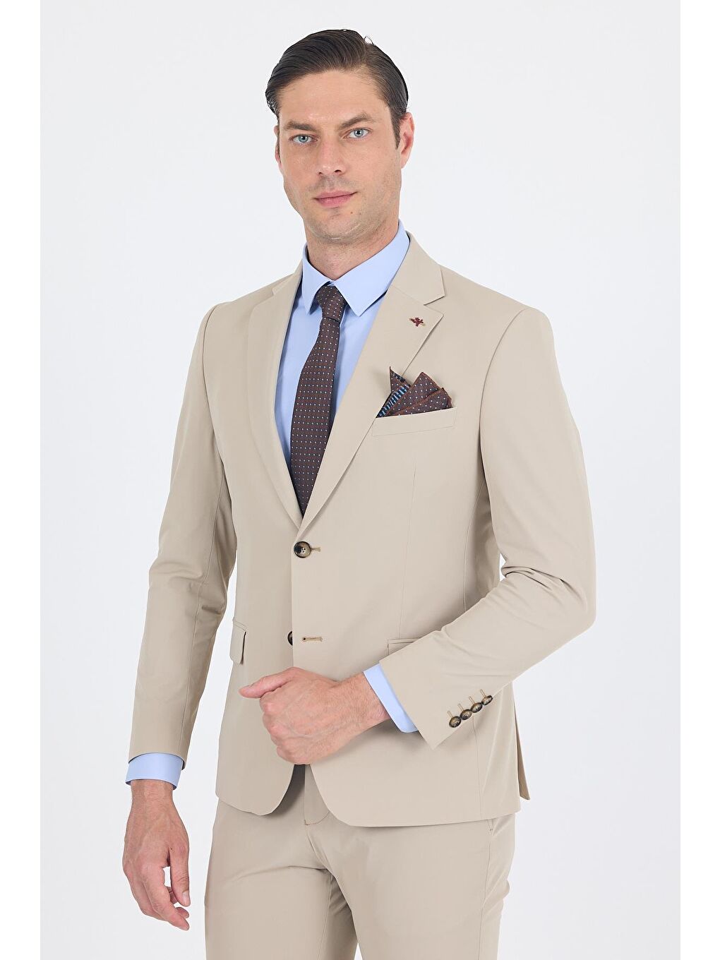 Bej Mono Yaka Yarım Astar 6 Drop Slim Fit Beli Lastikli Takım Elbise 1001250121-1