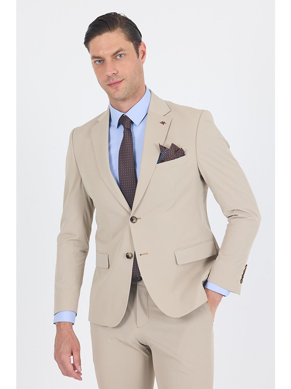 Bej Mono Yaka Yarım Astar 6 Drop Slim Fit Beli Lastikli Takım Elbise 1001250121-2