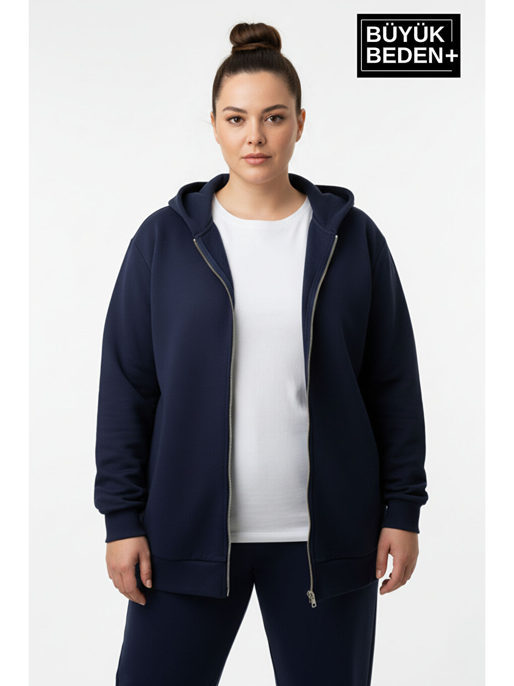 Lacivert Kadın Büyük Beden Fermuarlı Kapüşonlu Sweatshirt Hırka - Rahat Kalıp SPR26BHR960