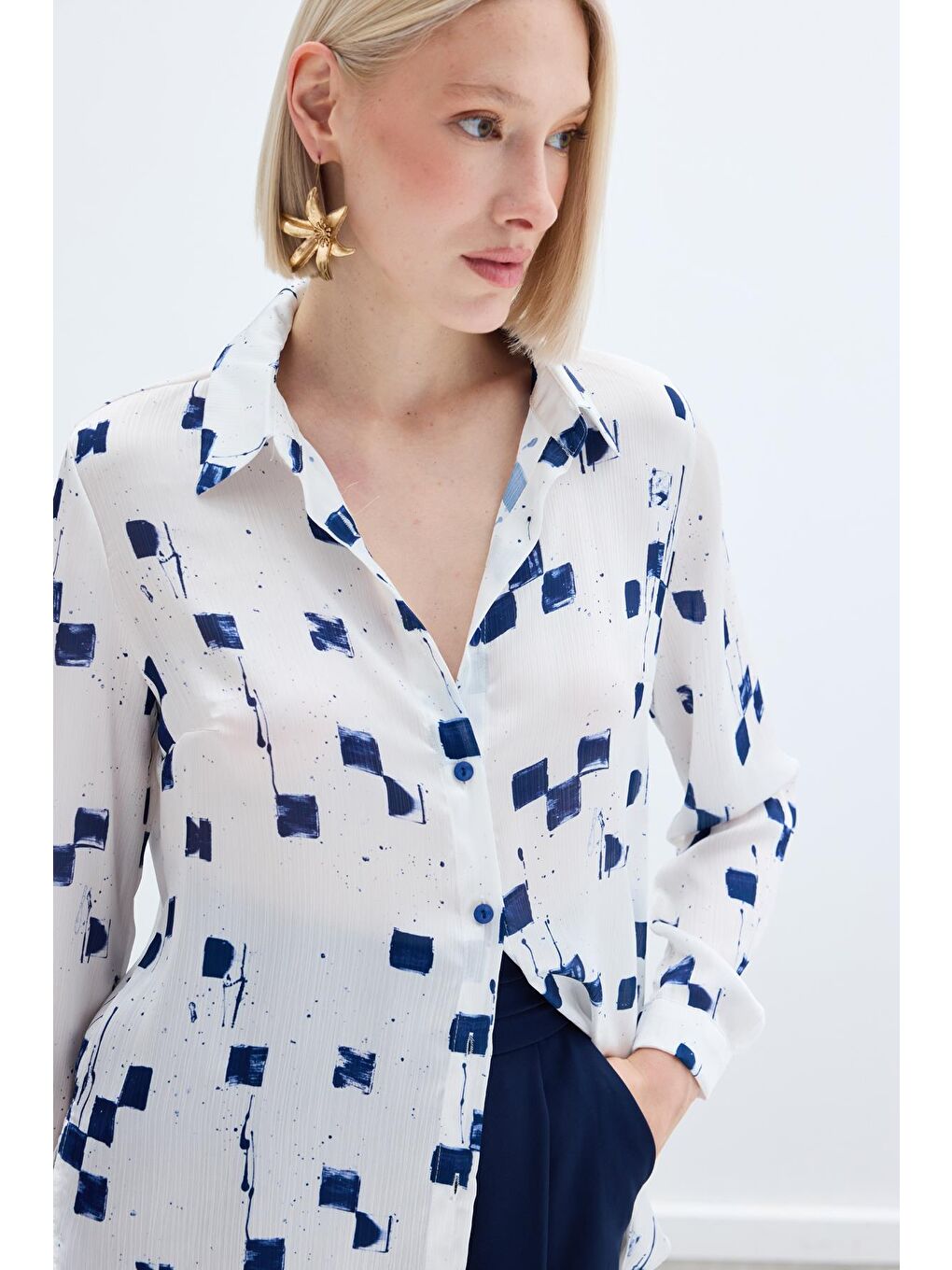 Desenli Klasik Gömlek - Lacivert-5