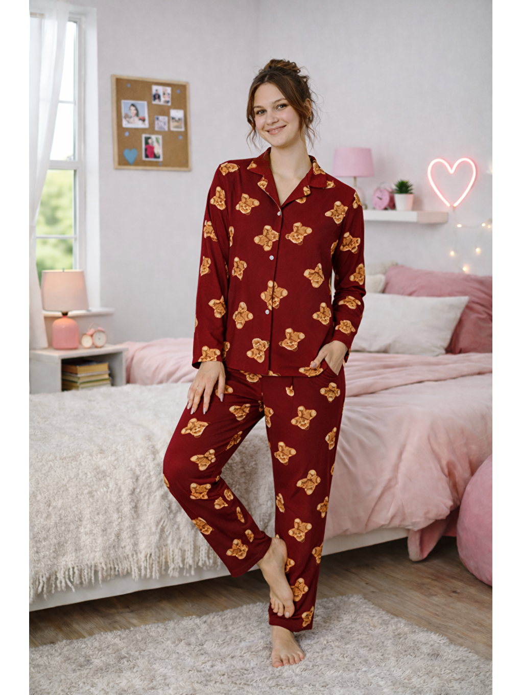 Bordo Kadın Ayıcık Desenli Kaliteli Milan Kumaş Gömlek Yaka Düğmeli Yumuşak Tuşe Pijama Takımı-3