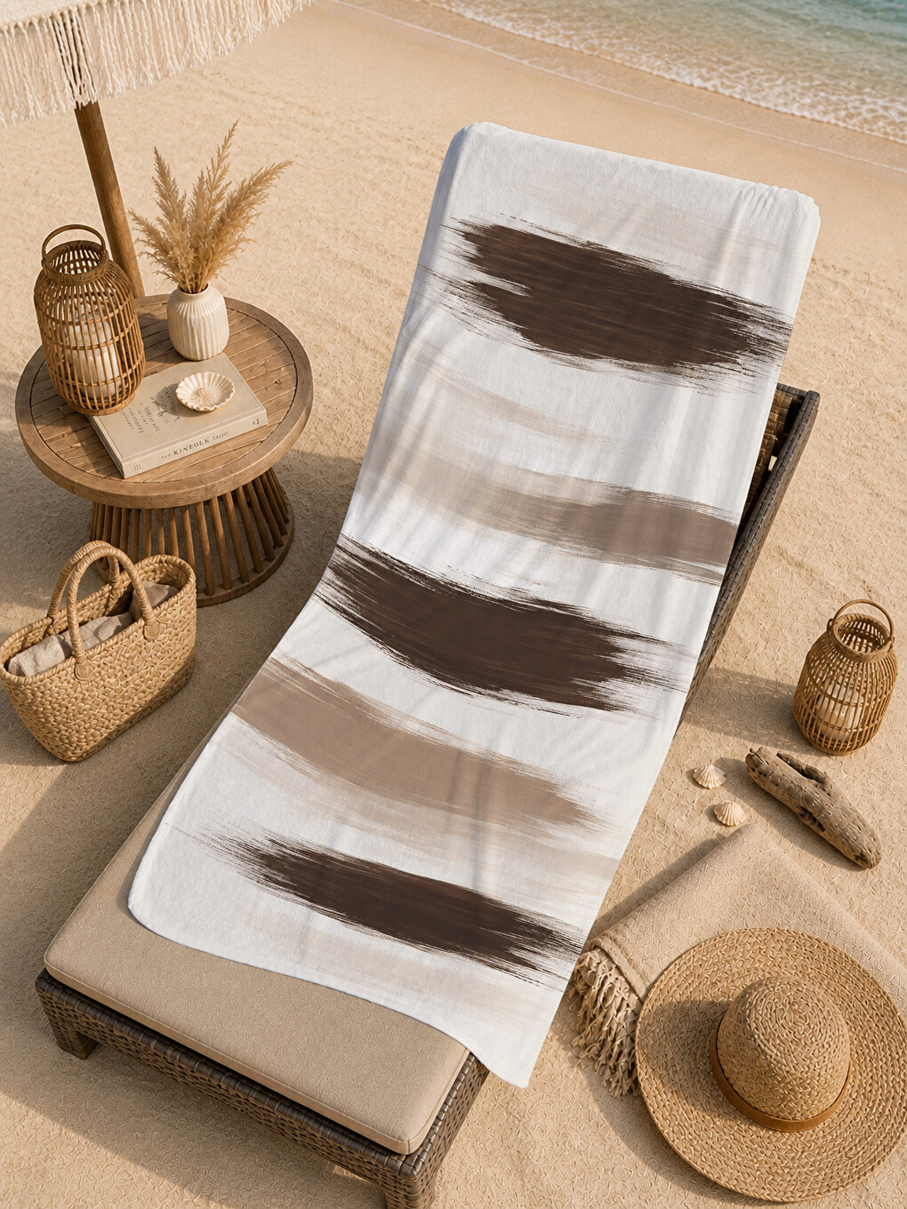 Kahverengi Modern Kahve Suluboya Fırça Darbeli Şeritli Desenli 70x150 Plaj Havlusu - Pamuklu Banyo Havlusu-1