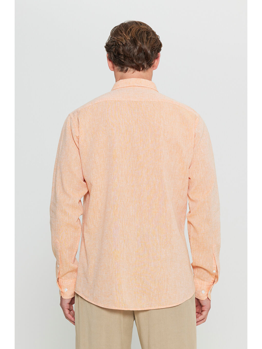 Erkek Turuncu %100 Keten Comfort Fit Rahat Kesim Düğmeli Yaka Gömlek-4