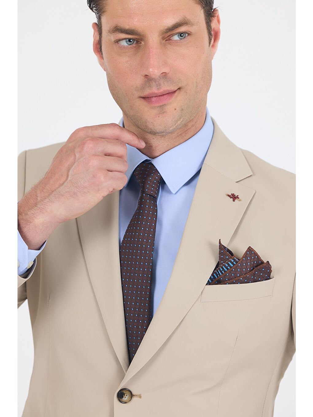 Bej Mono Yaka Yarım Astar 6 Drop Slim Fit Beli Lastikli Takım Elbise 1001250121-3