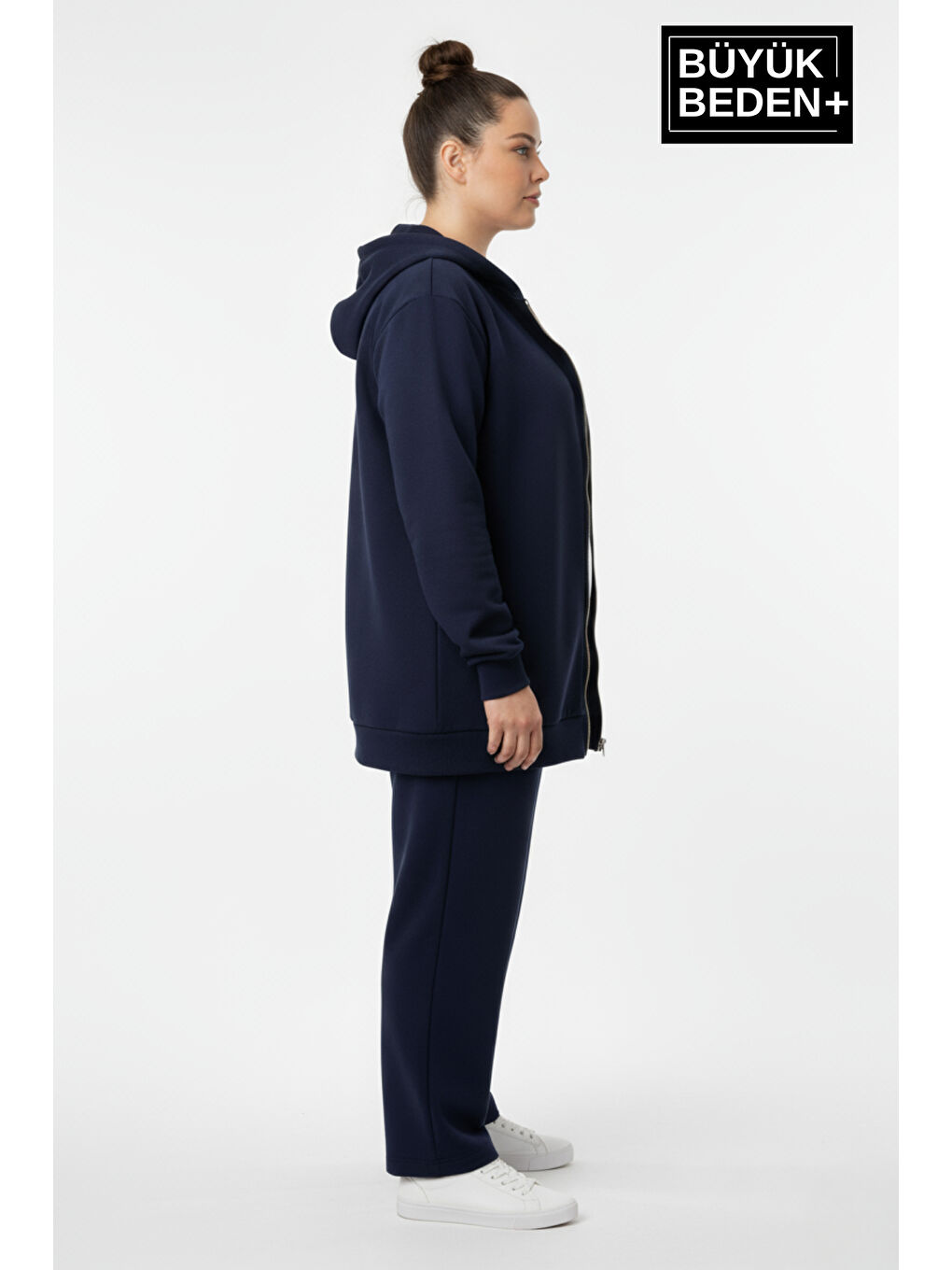 Lacivert Kadın Büyük Beden Fermuarlı Kapüşonlu Sweatshirt Hırka - Rahat Kalıp SPR26BHR960-1