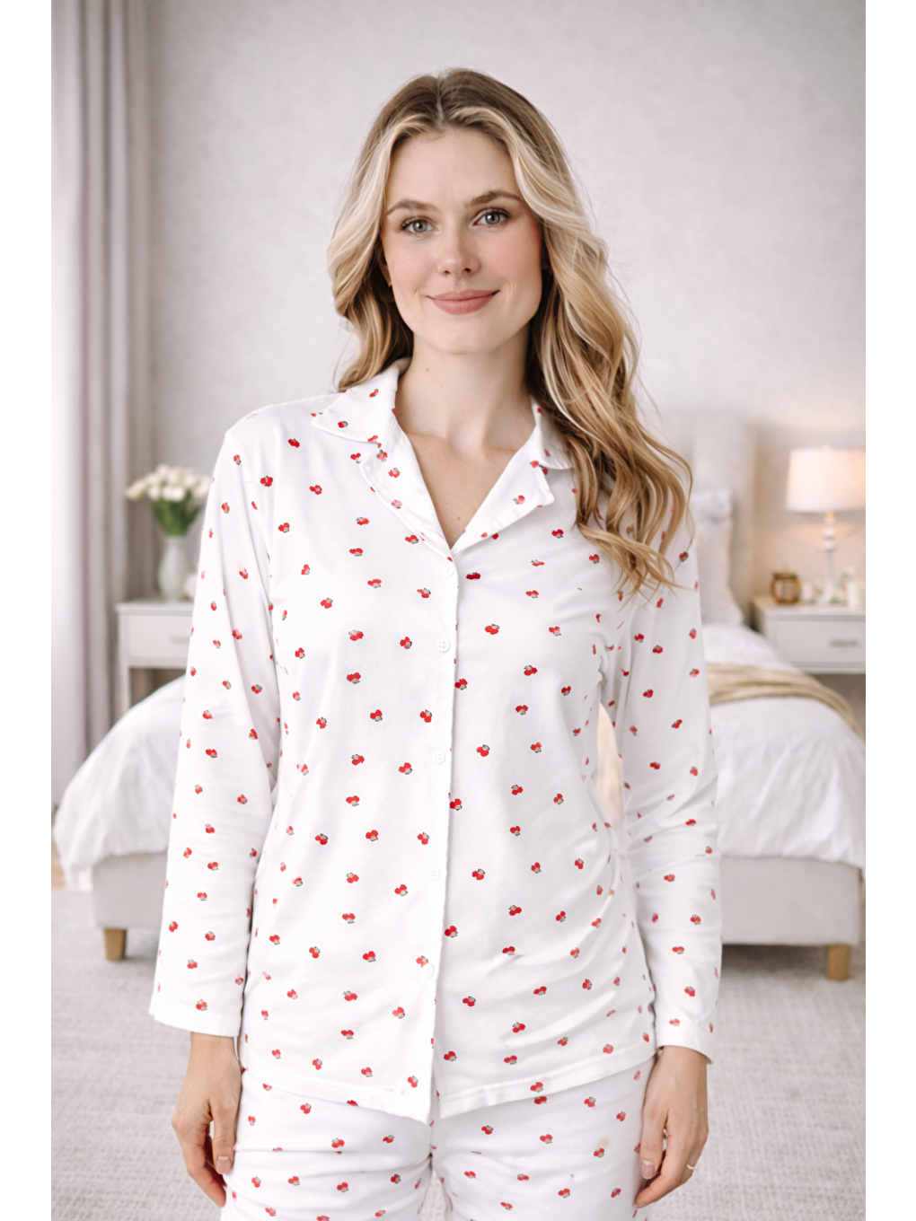 Beyaz Kadın Kiraz Desenli Kaliteli Milan Kumaş Gömlek Yaka Düğmeli Yumuşak Tuşe Pijama Takımı-1