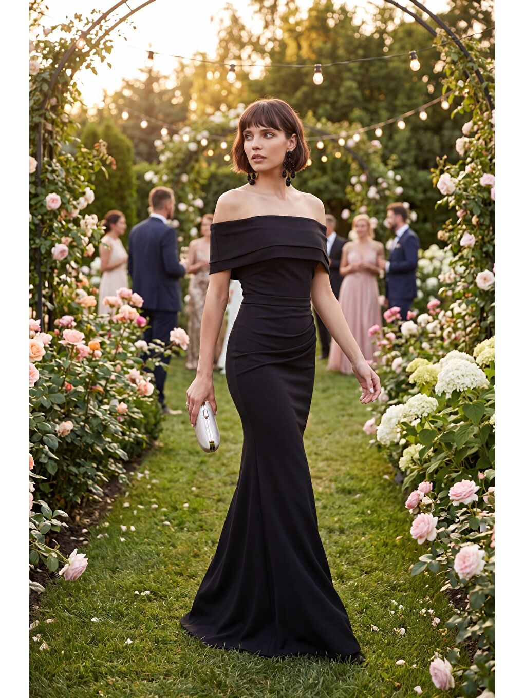 Kadın Siyah Kayık Yaka Uzun Abiye Elbise-4