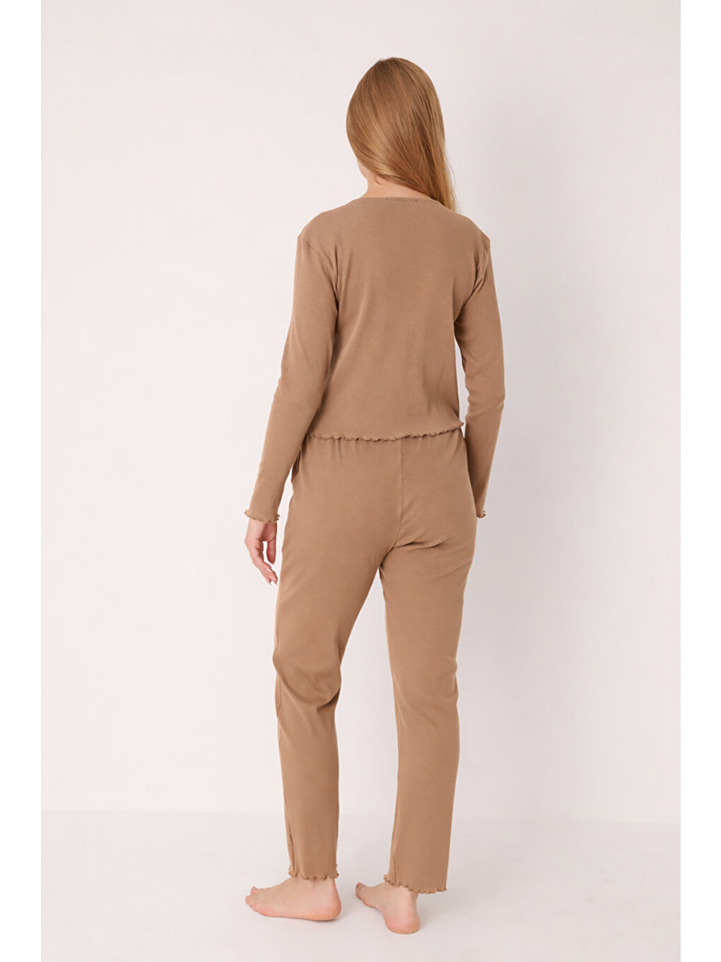 Kahverengi Açık Kahve Önden Düğmeli Pijama Takımı-1