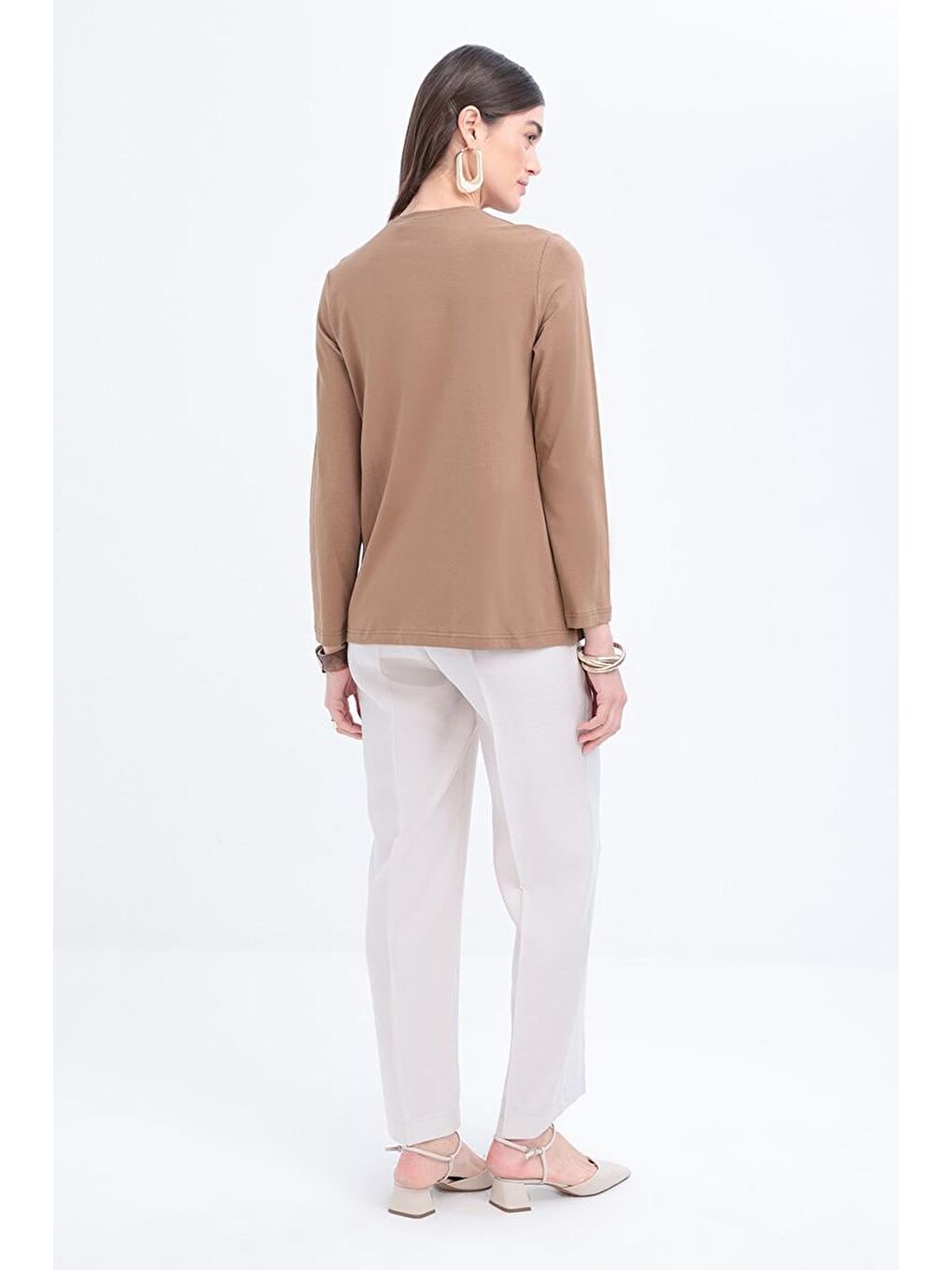 Bej Vizon Zincir Nakışlı Uzun Kollu Elastanlı T Shirt-2