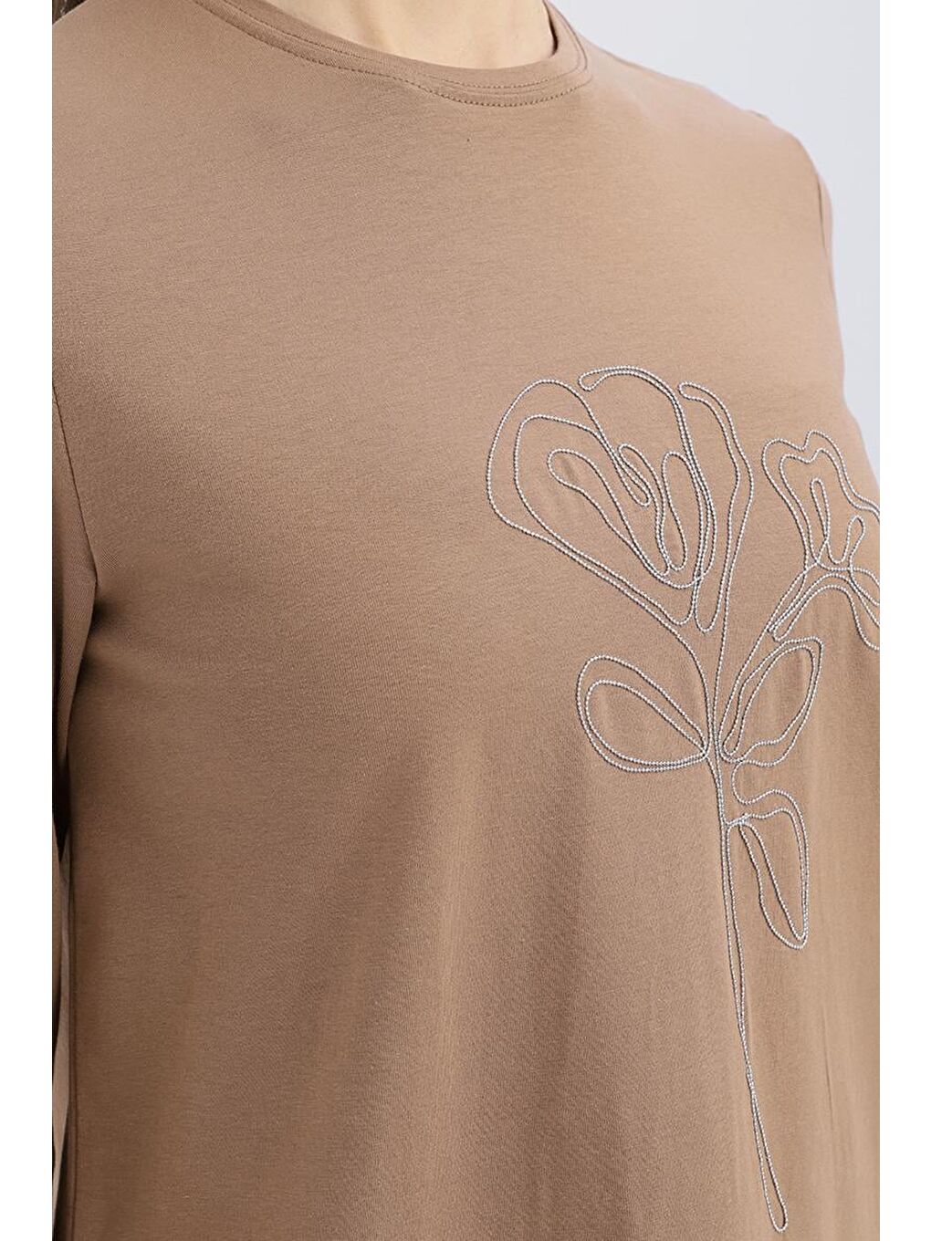 Bej Vizon Zincir Nakışlı Uzun Kollu Elastanlı T Shirt-3