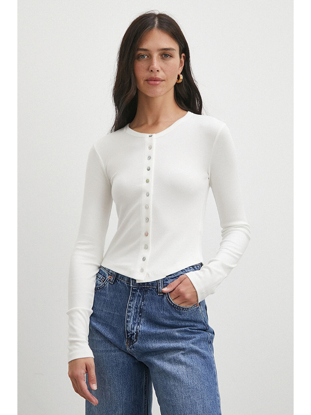 Düğmeli Uzun Kol Bluz Beyaz-2