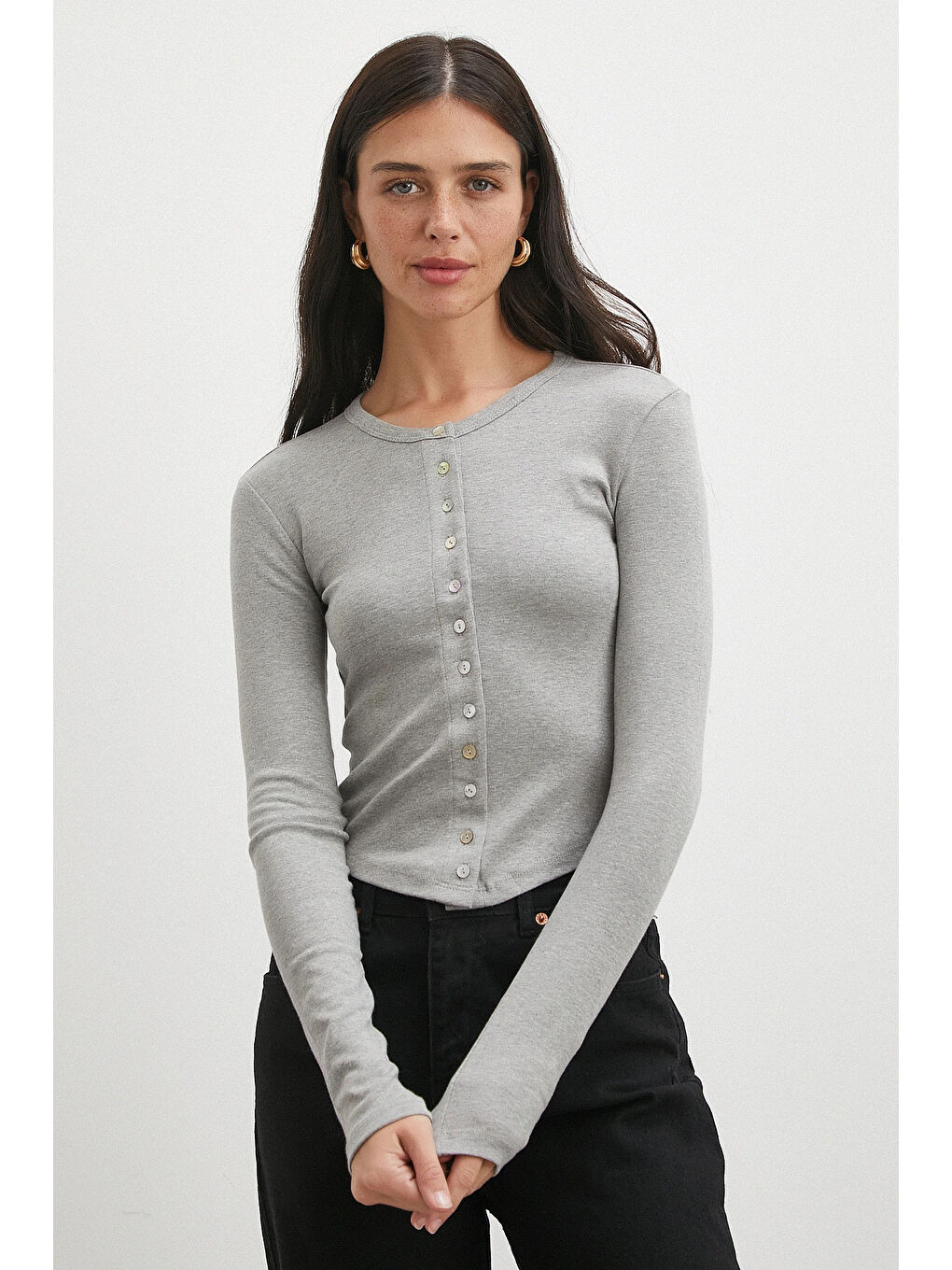 Düğmeli Uzun Kol Bluz Gri-2