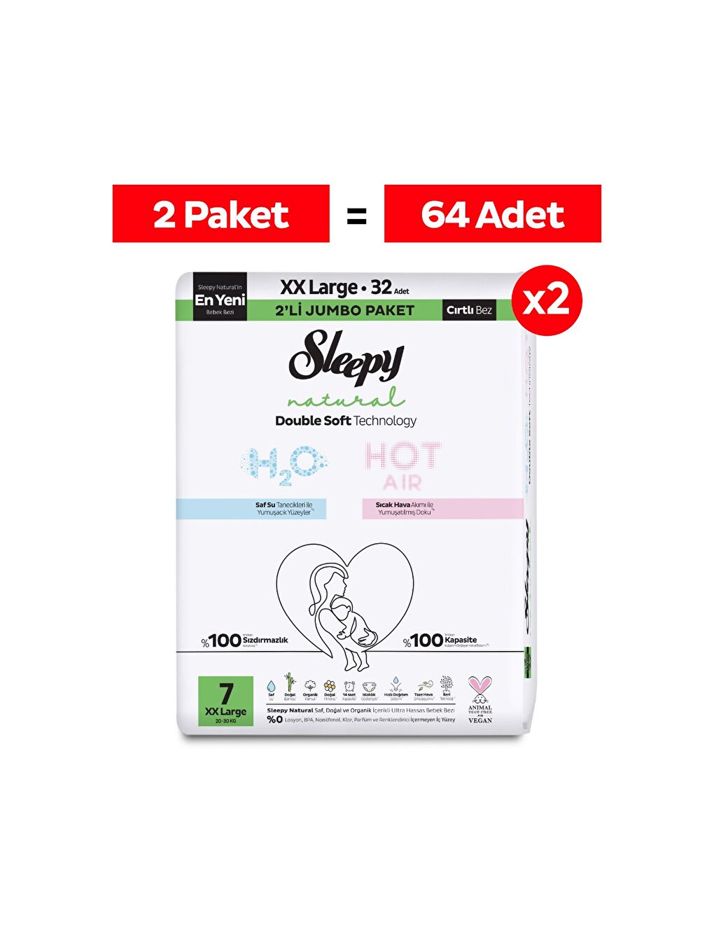 Natural Double Soft Avantajlı Mega Paket Bebek Bezi 7 Numara Xxlarge 64 Adet-1