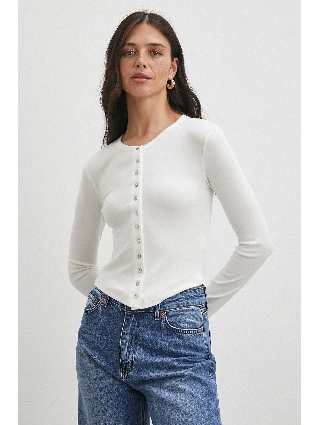 Düğmeli Uzun Kol Bluz Beyaz-3