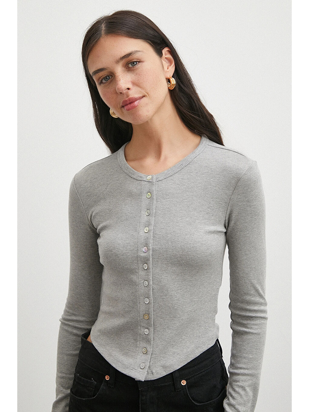 Düğmeli Uzun Kol Bluz Gri-3