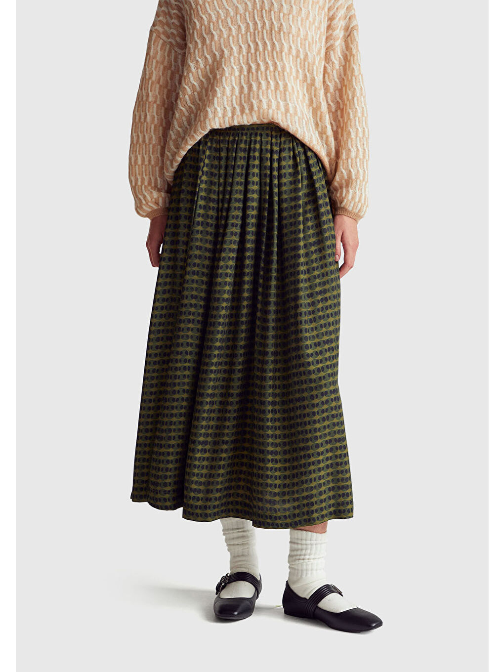 Kadın Koyu Yeşil %100 Viskoz Tamamı Desenli Pileli Midi Etek