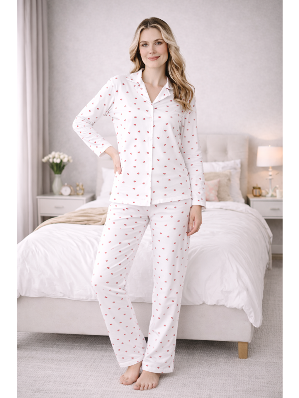 Beyaz Kadın Kiraz Desenli Kaliteli Milan Kumaş Gömlek Yaka Düğmeli Yumuşak Tuşe Pijama Takımı-3