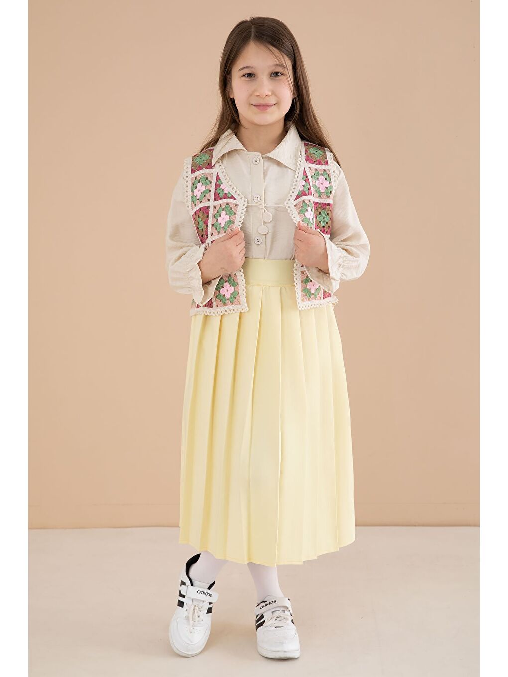 Sarı Çiçek Desen Örgü Süveterli Gömlekli Kız Çocuk Etekli 3lü Takım 23582-2